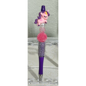 Custom Beaded Pen Pink Unicorn Glittery Sparkly Fun Handmade Gift Purple Bling